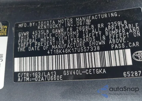 2007 Toyota Camry Xle V6 z USA, uszkodzony, nr VIN 4T1BK46K17U557338